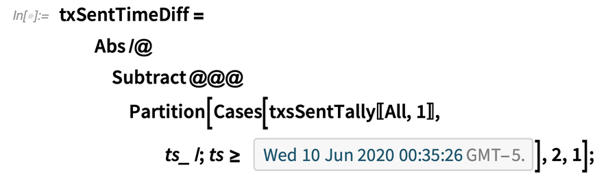 txSentTimeDiff = 
  Abs /@ Subtract @@@ Partition