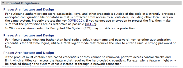 CWE-798 potential mitigations screen capture