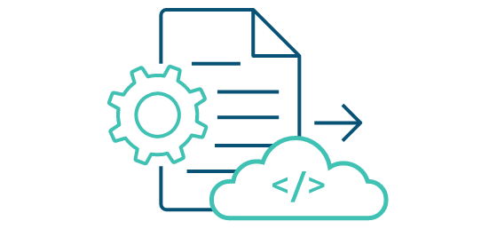 Illustration of a document, gear, and cloud with code symbols, representing cloud-based coding or software development.