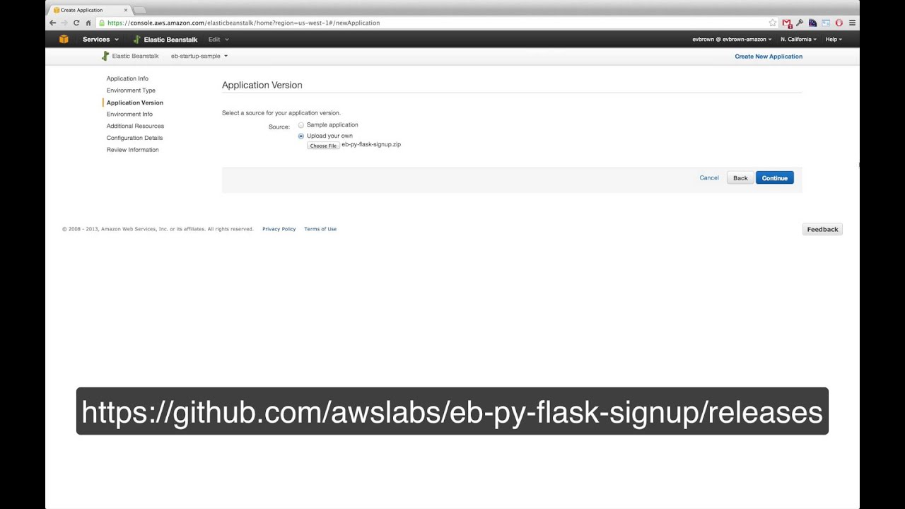 Screenshot of the AWS Elastic Beanstalk console showing the Application Version upload step for a Flask signup application, with the URL https://github.com/awslabs/eb-py-flask-signup/releases displayed at the bottom.