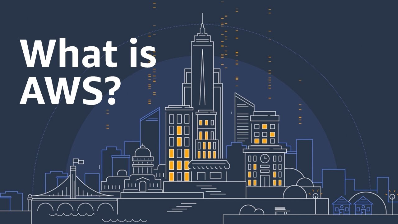 Illustration of a city skyline at night with the text 'What is AWS?' on the left, representing an introduction to Amazon Web Services.