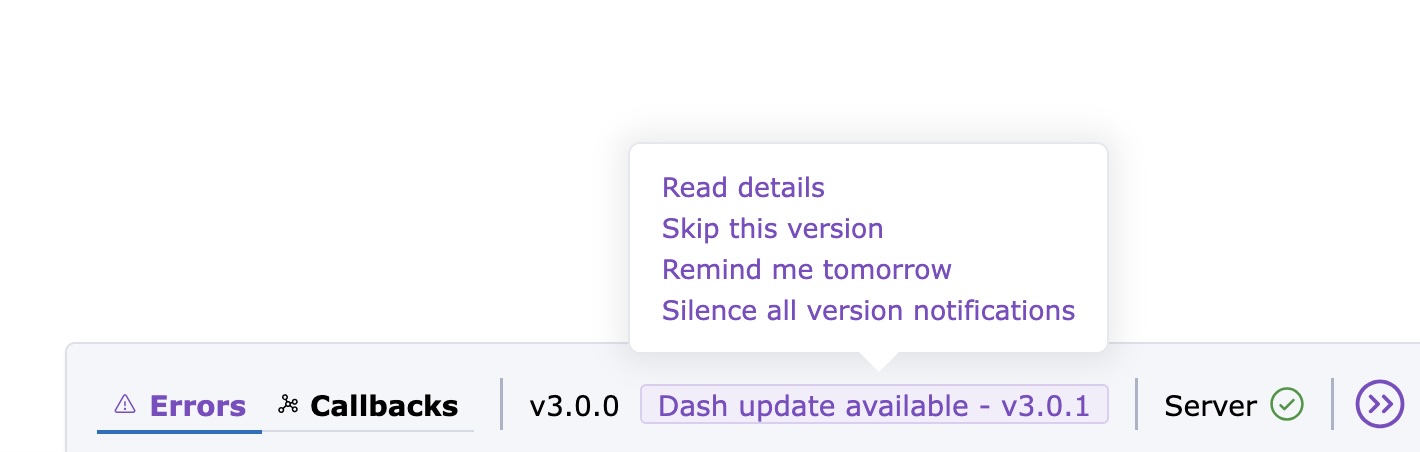 Dash Dev Tools version notification