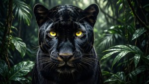 Ein schwarzer Panther mit glühenden Augen taucht aus dem dunklen Dschungel auf.