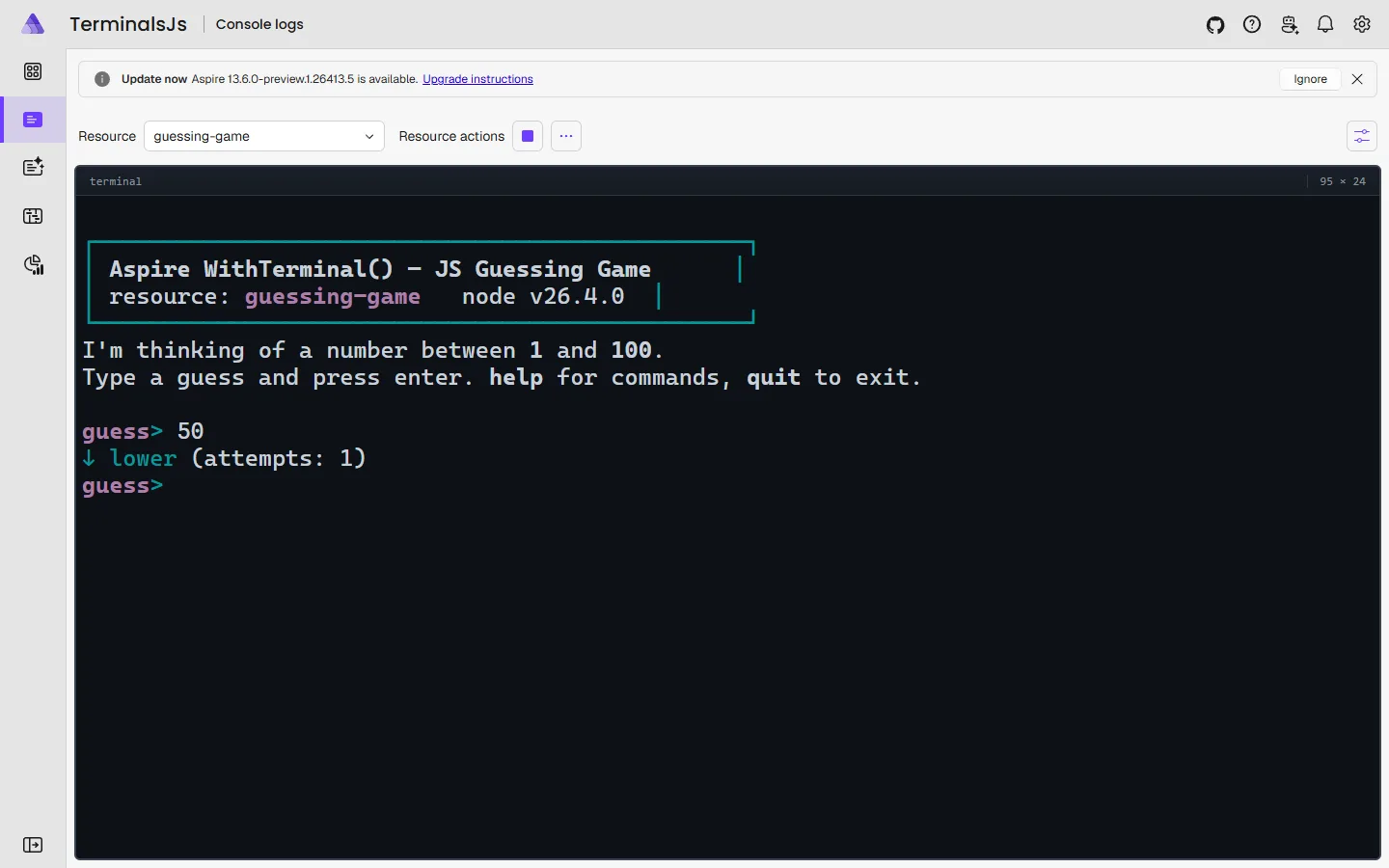 A guessing game running in the Aspire dashboard terminal