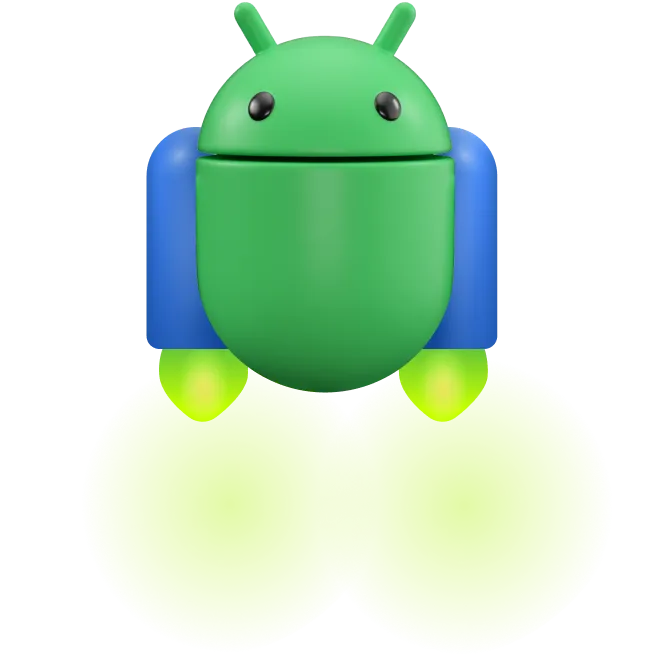Ilustracja 3D przedstawiająca maskotkę Androida w odrzutowym plecaku, z którego wydobywa się duża chmura baniek.