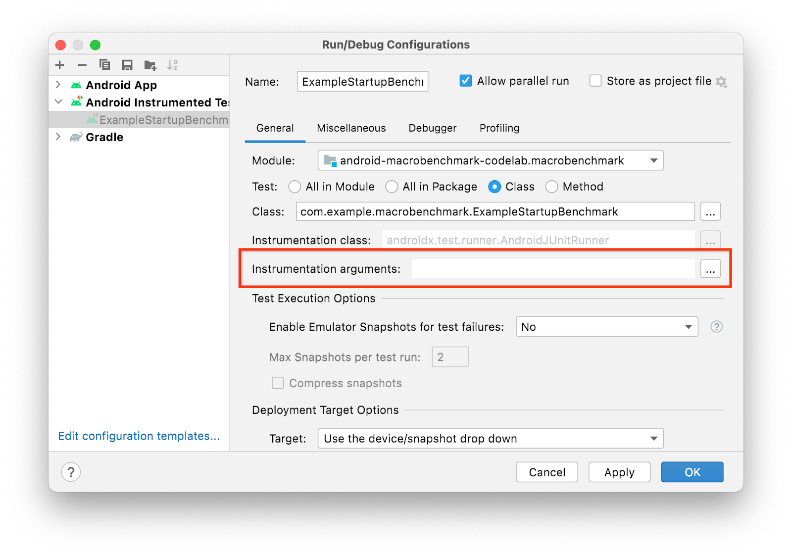 Run/Debug Configurations window highlighting Instrumentation arguments option 89be2d51bf94c098.png