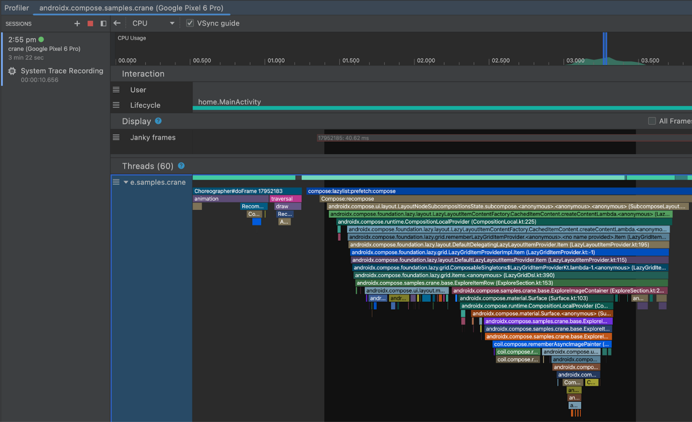 Contoh visualisasi rekaman aktivitas sistem di Android Studio.