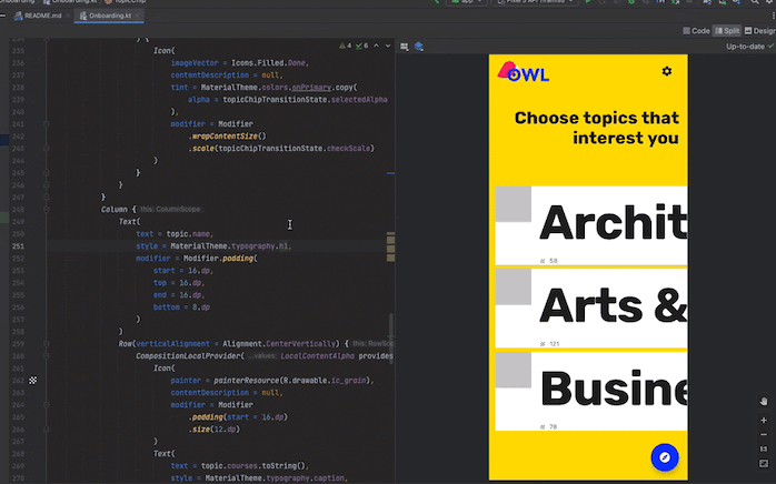 Um GIF mostrando atualizações em tempo real usando a Visualização do Compose
