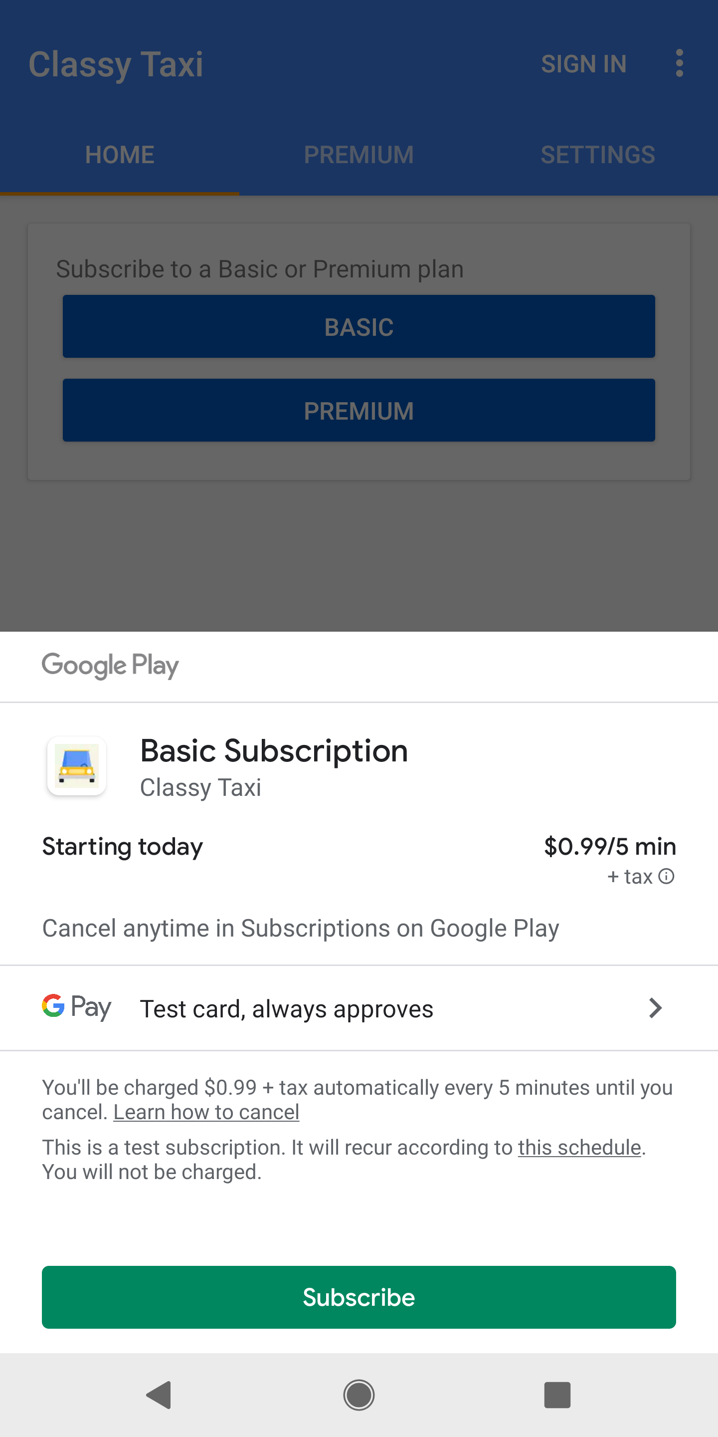 במסך הרכישה ב-Google Play מוצג מינוי שזמין לרכישה