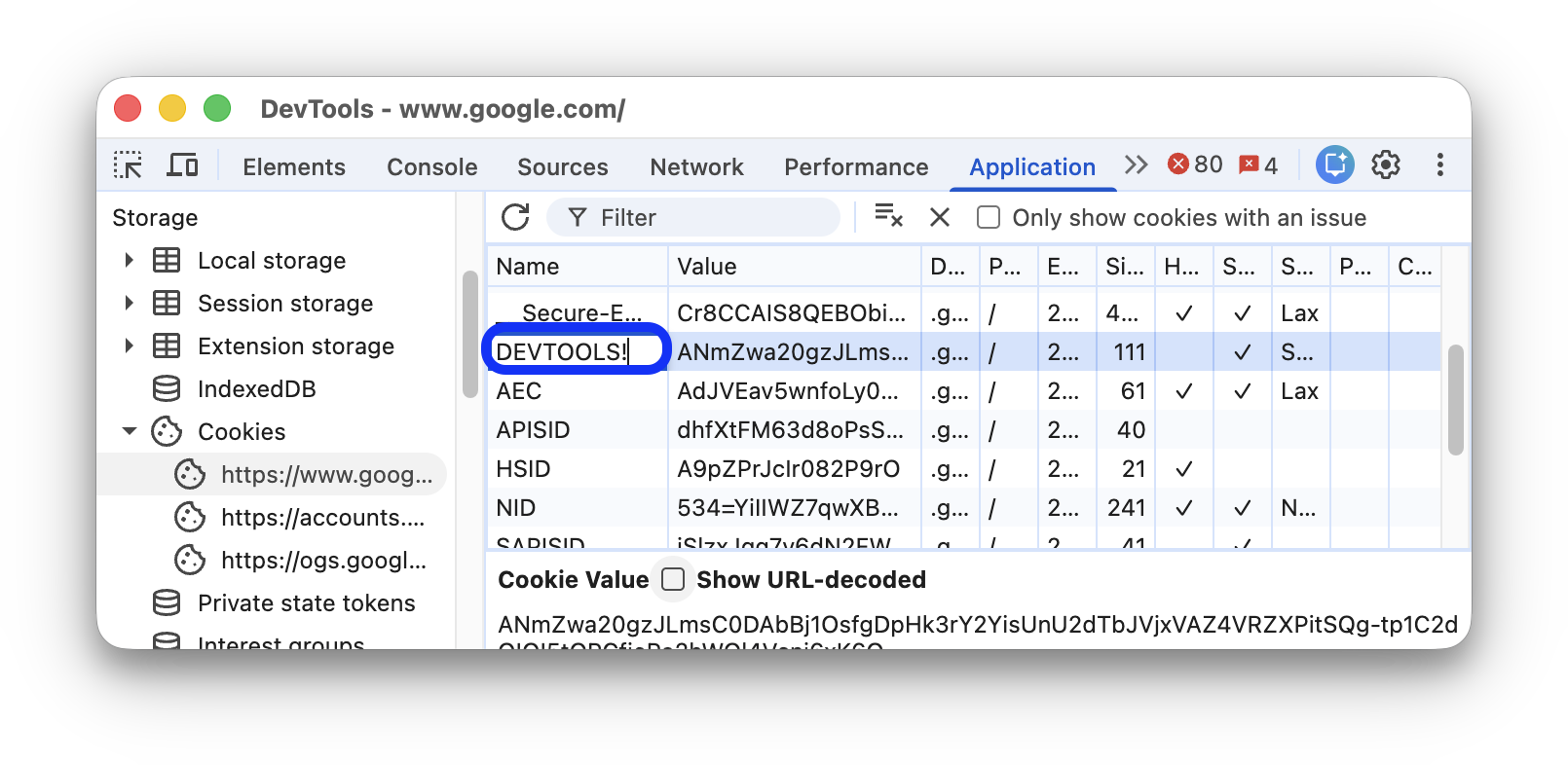 تنظیم نام یک کوکی به «DEVTOOLS!»