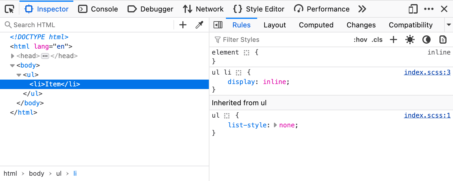 Outils de développement Firefox focalisés sur l'élément li dans l'inspecteur DOM. Le panneau de styles montre le CSS transformé sans imbrication et un lien vers la troisième ligne du fichier index.scss.