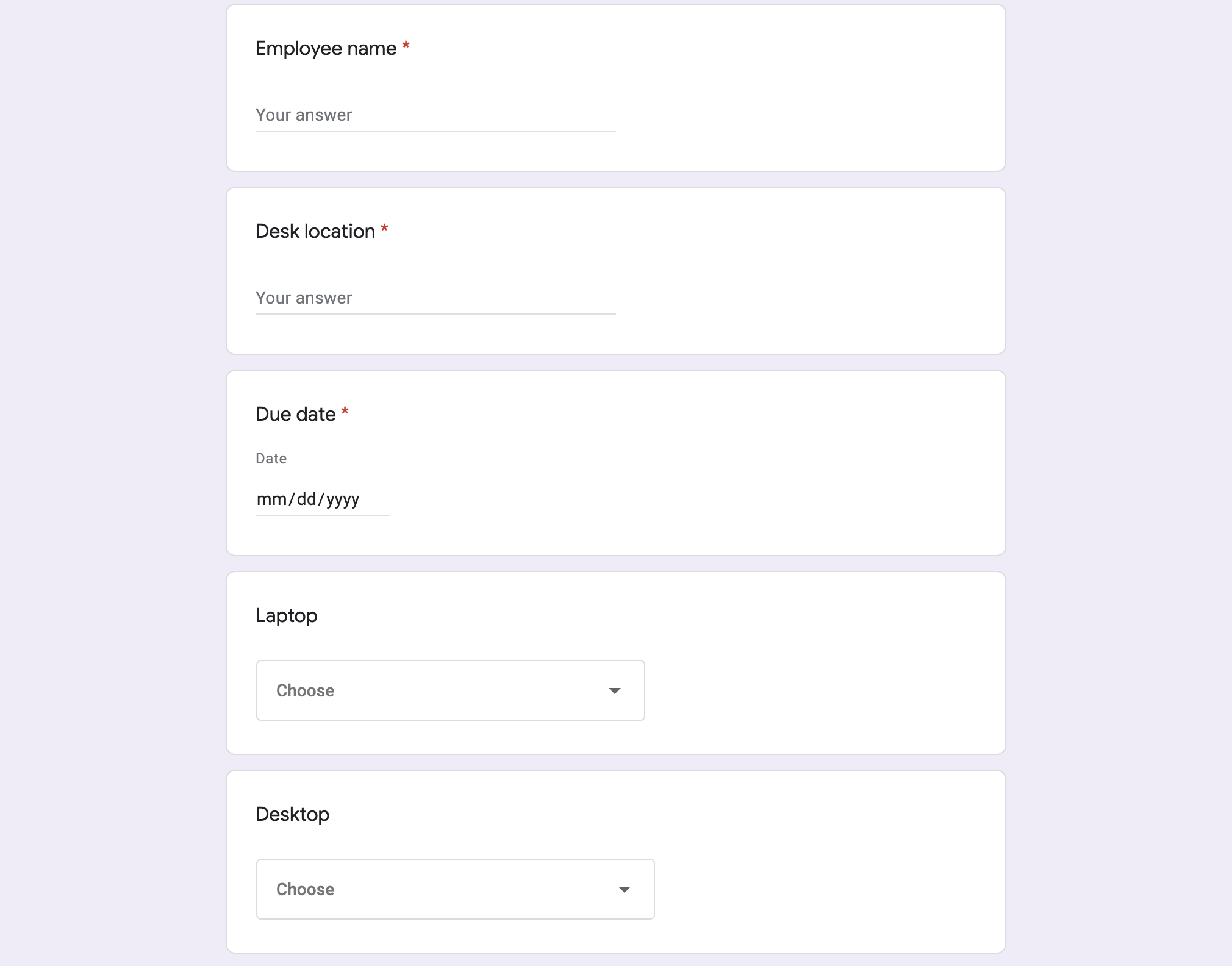 Google Form for new employee equipment requests.