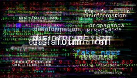 An image of a computer screen filled with code and text, with the words "disinformation" and "fake news" highlighted in bold.