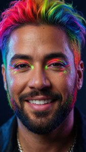 Nærbillede portræt af J Balvin med regnbuehår og makeup.