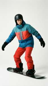 Studieportræt af snowboarder i farverigt udstyr.