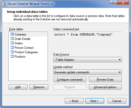 Devart DataSet Wizard - Setup individual data tables