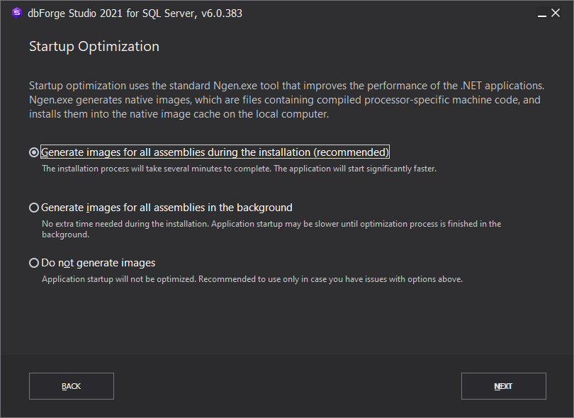 Startup Optimization page of Install Manager
