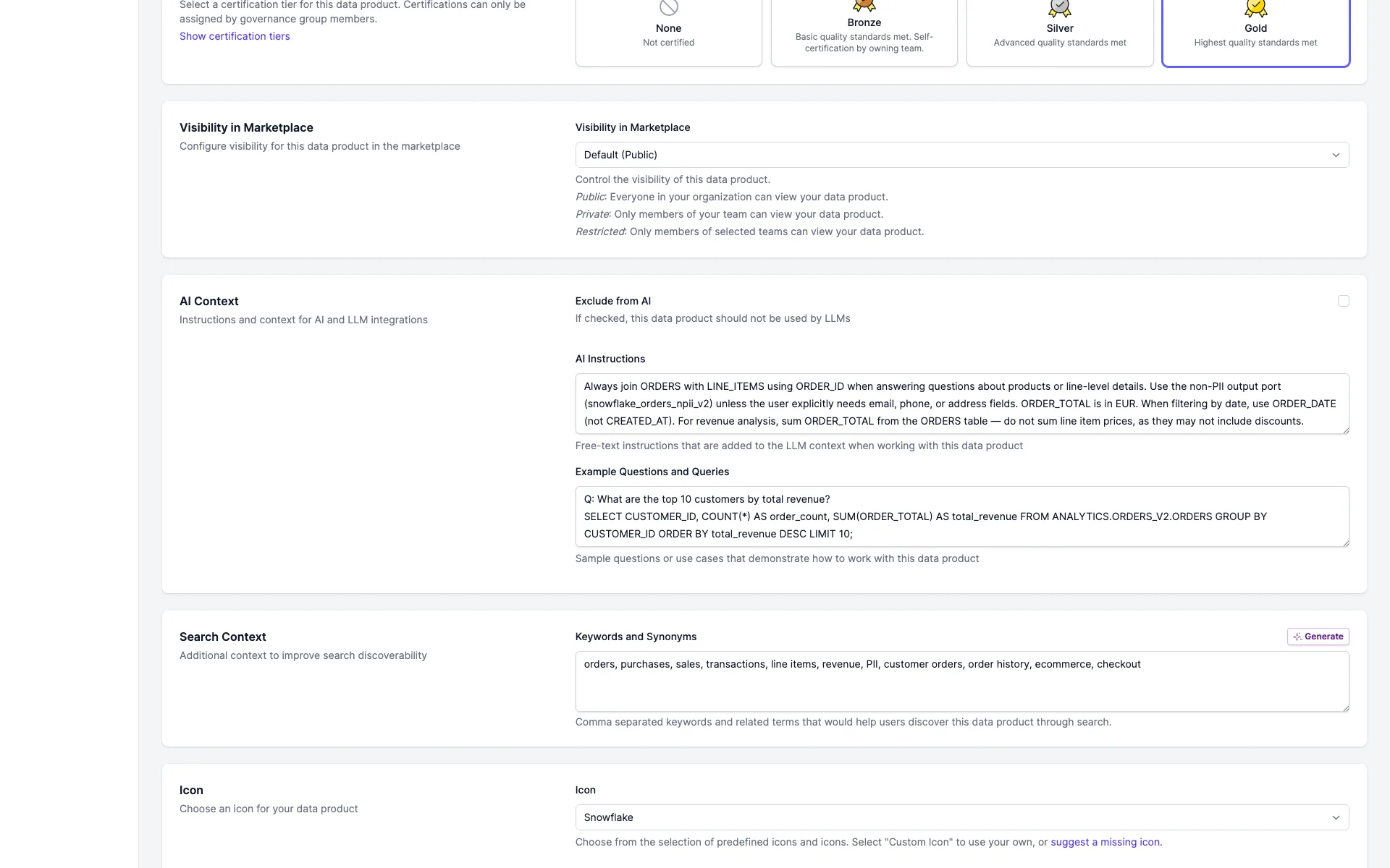 AI Context section in the data product edit form, showing AI Instructions and example questions