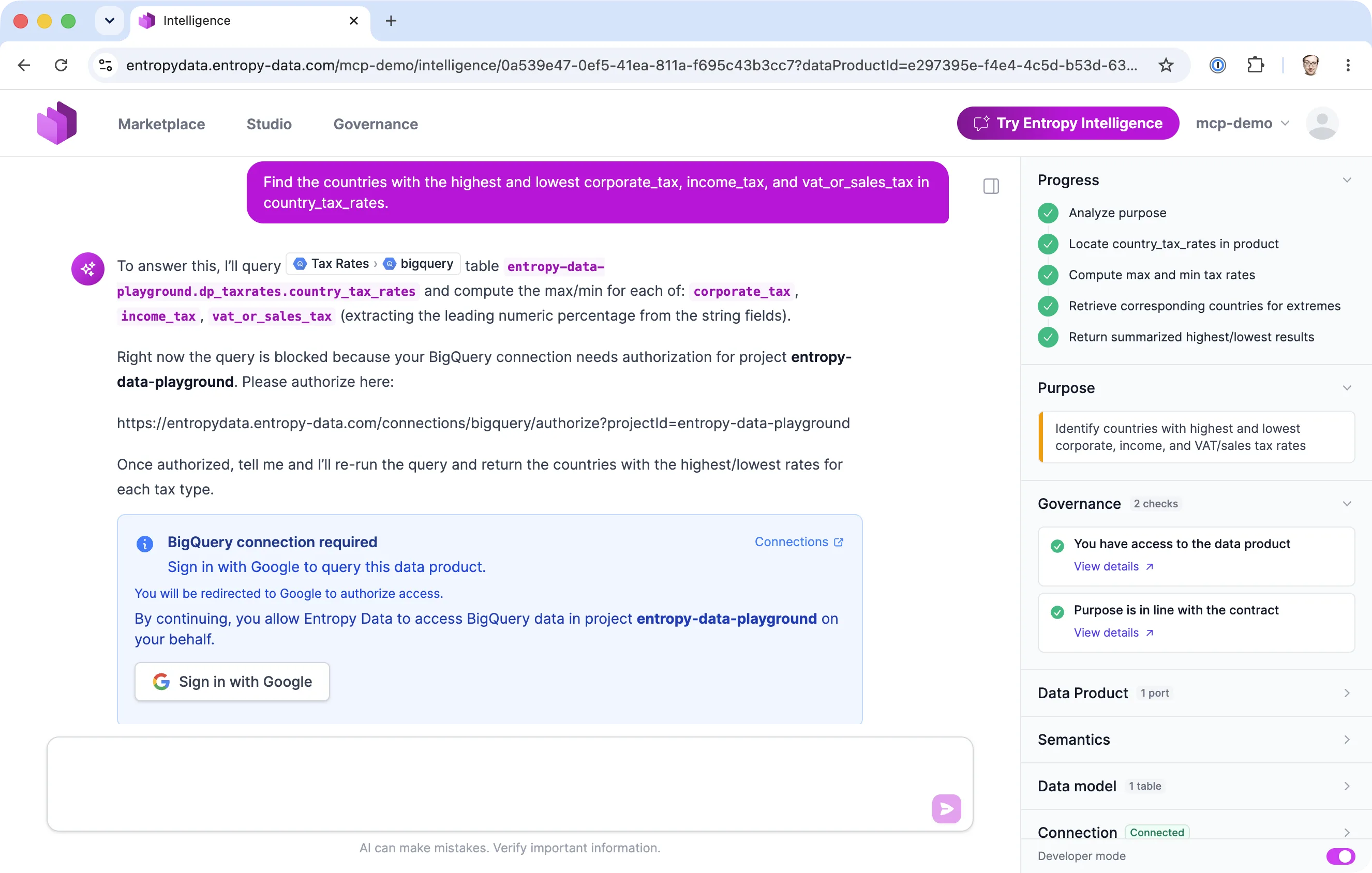 In-chat prompt asking the user to sign in with Google to query the BigQuery data product