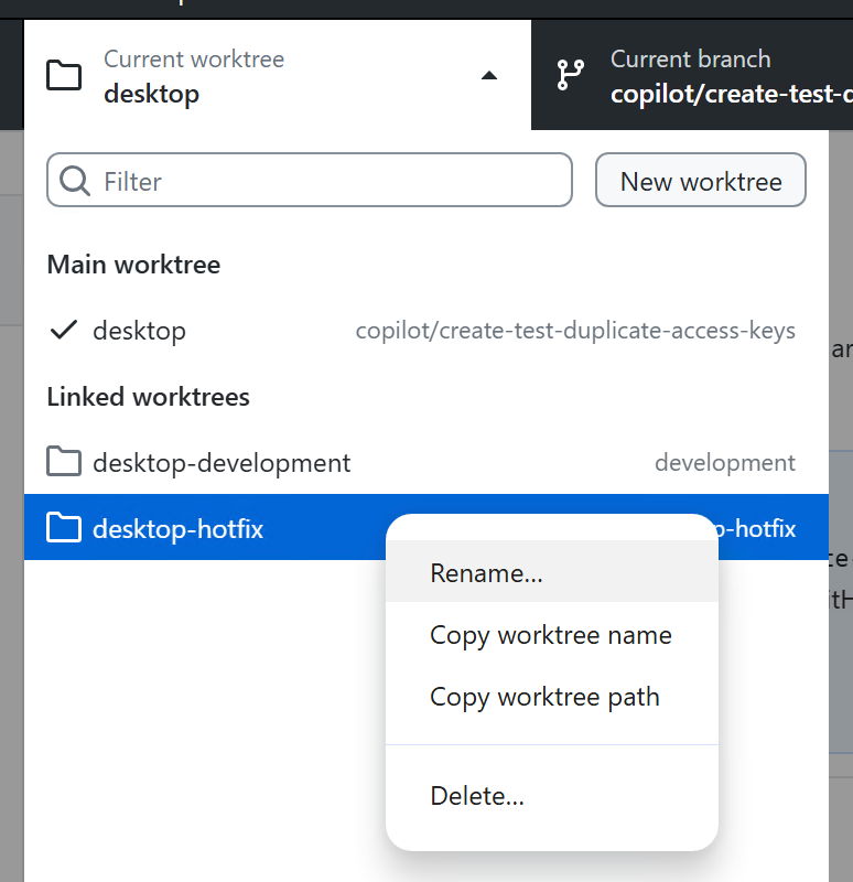 Screenshot of a context menu on a worktree item on Windows, with Rename, Copy Name, Copy Path, and Delete options.