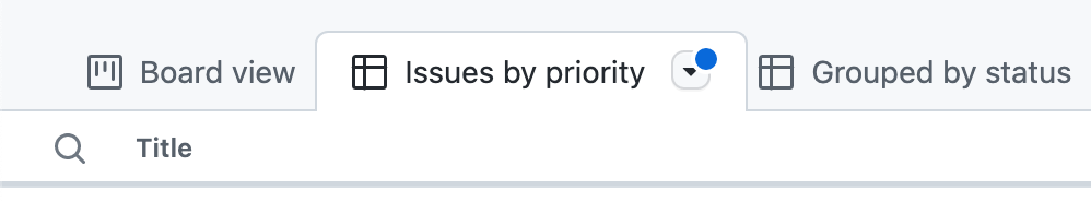 Screenshot of a tab for a view labeled "Issues by priority." Next to the view's name, a dropdown icon is marked by a blue dot.