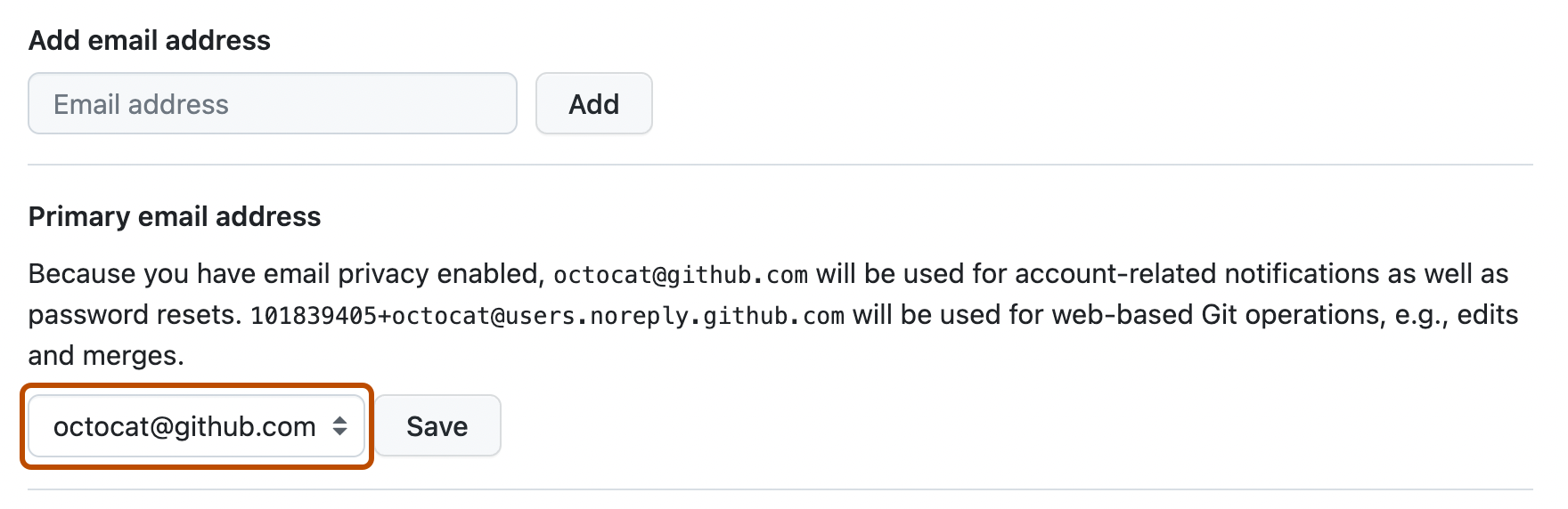 Screenshot of the "Email" settings page. Under "Primary email address," a dropdown menu, labeled with Octocat's email address, is outlined in orange.
