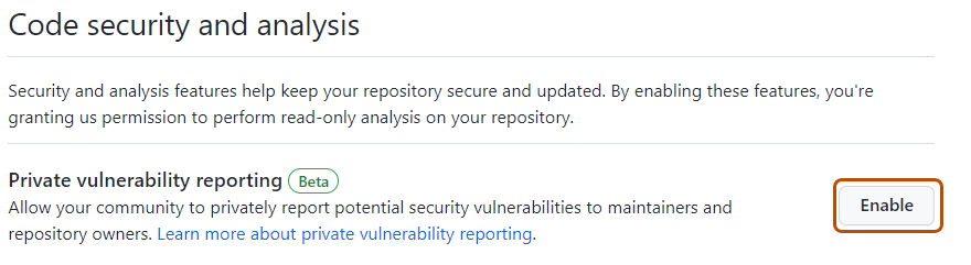 Screenshot of the "Code security and analysis" page, showing the "Private vulnerability reporting" setting. The "Enable" button is outlined in orange.