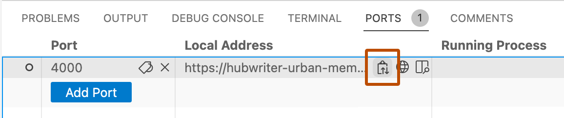 Screenshot of the "Ports" panel. The copy icon, which copies a forwarded port's URL, is highlighted with an orange outline.