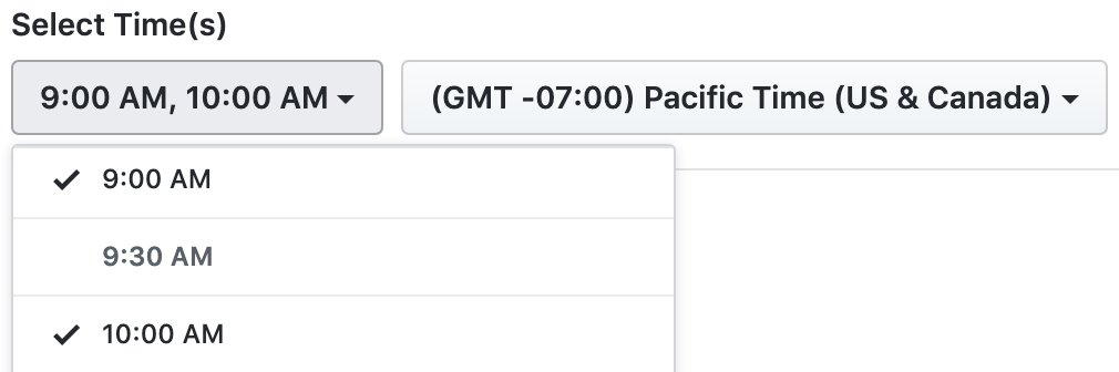 Screenshot of Scheduled reminder options used to select the hour and time zone for reminders. 9:00 AM and 10:00 AM are checked in the open hours menu.