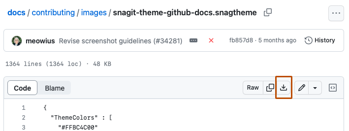 Screenshot of the file view for "snagit-theme-github-docs.snagtheme." In the header of the file, a button with a download icon is outlined in orange.