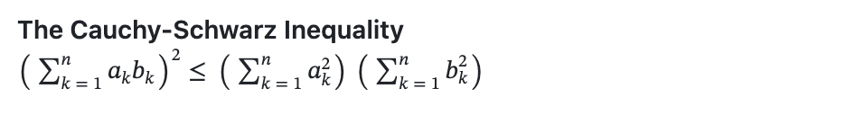 Screenshot of rendered Markdown showing a complex equation. Bold text reads "The Cauchy-Schwarz Inequality" above the formula for the inequality.