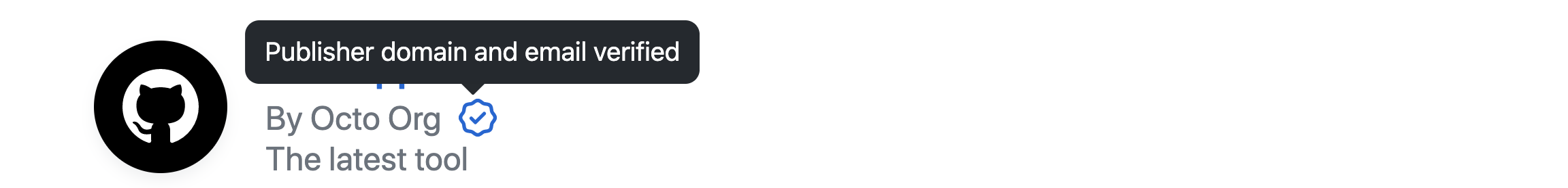 Screenshot of a marketplace badge for a GitHub App. The cursor hovers over an icon with the tooltip "Publisher domain and email verified."