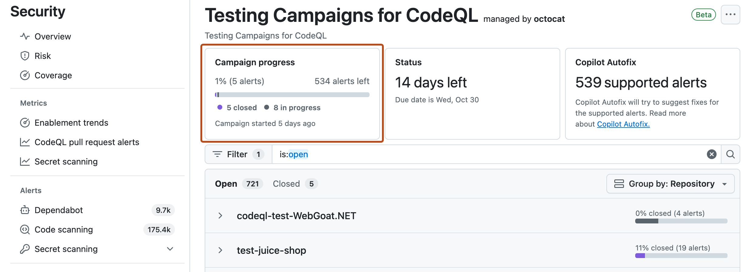 Screenshot of campaign tracking view for "Testing Campaigns for CodeQL". The campaign progress is outlined in dark orange.