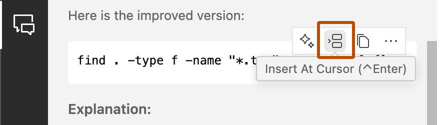 Screenshot of the 'Insert at cursor' icon in the Copilot Chat panel.