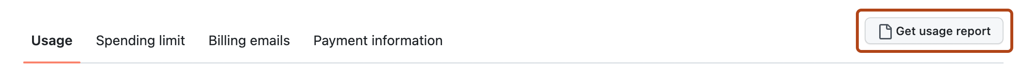 Screenshot of the header of the billing settings page on GitHub. A button, labeled "Get usage report", is highlighted with an orange outline.