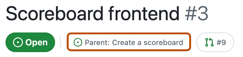 Screenshot of a sub-issue's header. The link to the parent issue, "Parent: create a scoreboard", is highlighted with an orange rectangle.
