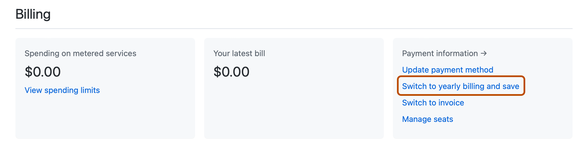 Screenshot of the billing page for an enterprise account. In "Payment information", a "Switch to yearly billing and save" link is outlined in orange.