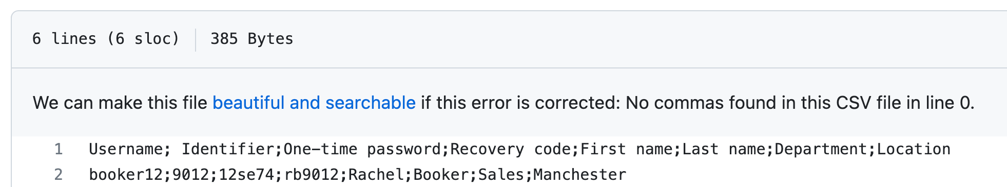 Screenshot of a text view of a CSV file. In the header, a message points out an error: "No commas found in this CSV file in line 0."