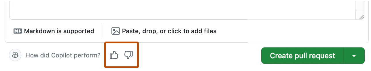 Screenshot of the bottom of a pull request comment. The feedback icons, thumbs up and thumbs down, are highlighted with a dark orange outline.