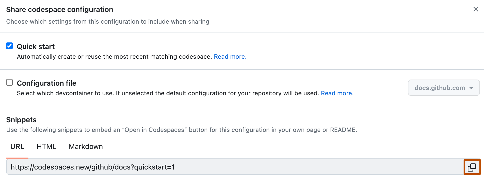 Screenshot of the "Share codespace configuration" window. Next to the "new codespace" URL, an icon of two overlapping squares is outlined in orange.