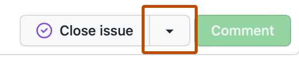 Screenshot of the buttons at the bottom of an issue. A button with a downward triangle icon, indicating a dropdown menu, is outlined in orange.