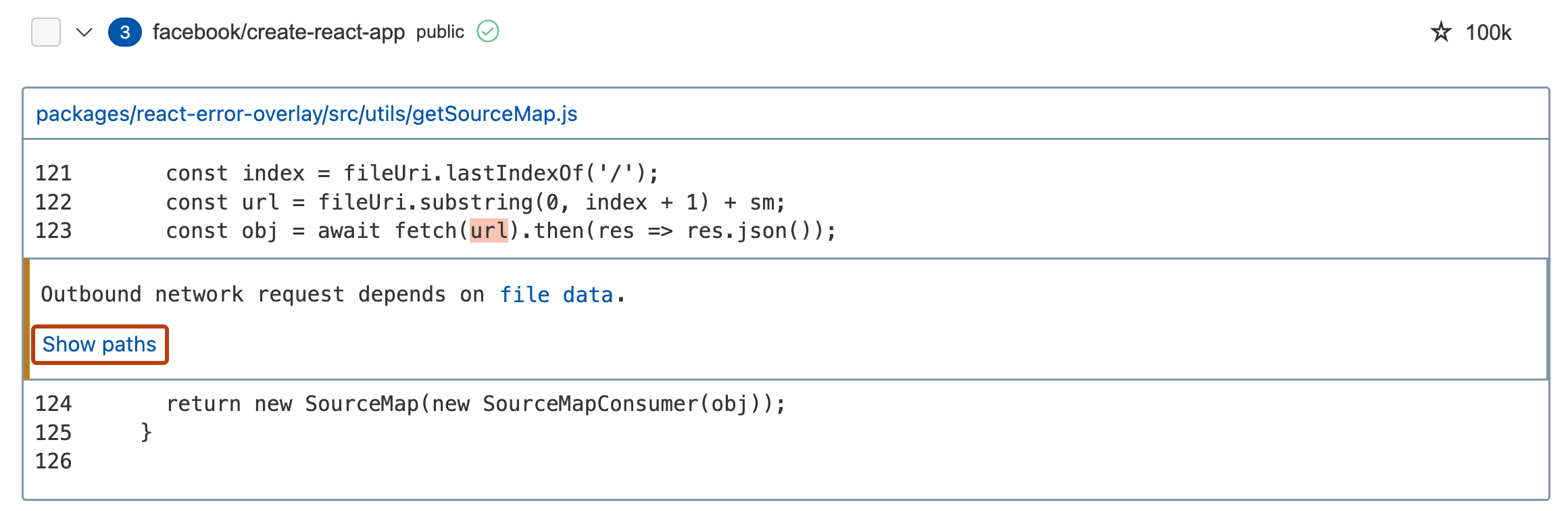 Screenshot of the "Variant Analysis Results" view, with blue links to GitHub source files. There is a "Show paths" link, highlighted in dark orange.