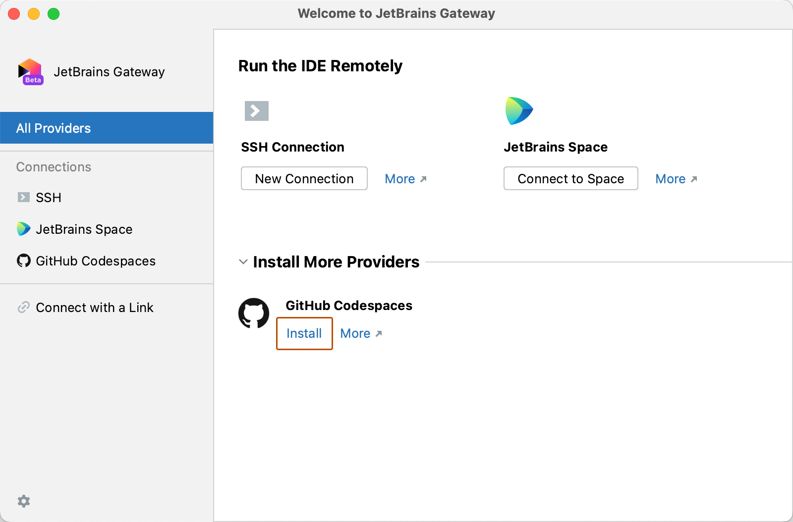 Screenshot of the "Welcome to JetBrains Gateway" page, with "GitHub Codespaces" listed under "Install More Providers."