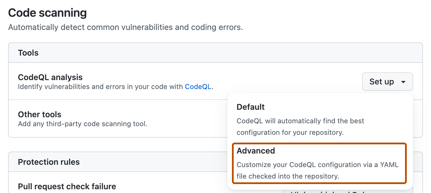 “Advanced Security” 설정의 “Code Security” 섹션 스크린샷. “고급 설정” 버튼이 주황색 윤곽선으로 강조 표시됩니다.
