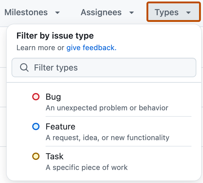 Screenshot of a list of issues. In the header above the list, the "Types" dropdown menu is expanded and outlined in orange.