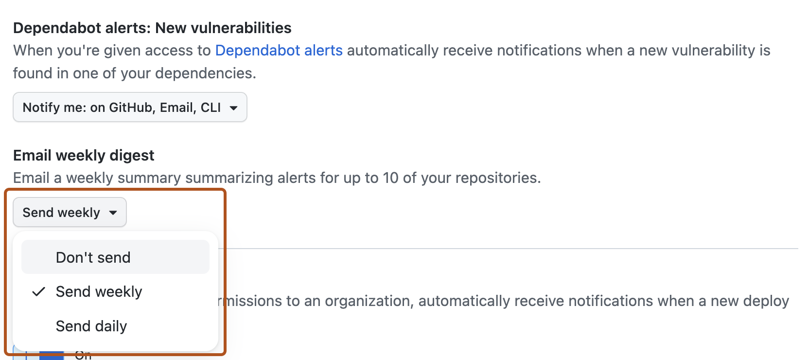 Screenshot of the notification options for Dependabot alerts. A dropdown menu with frequency options is outlined in orange.