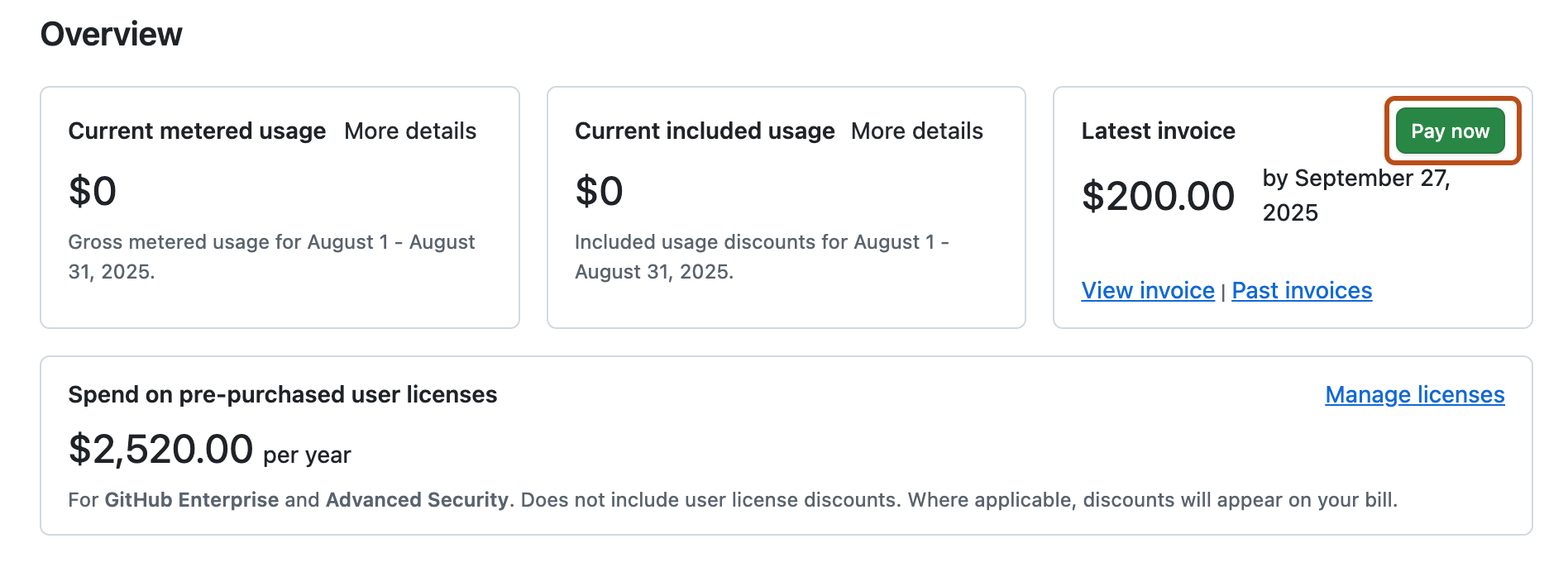 已开票企业帐户的“Overview”页“Billing and licensing”屏幕截图。 标有“Pay now”的按钮以橙色框突出显示。