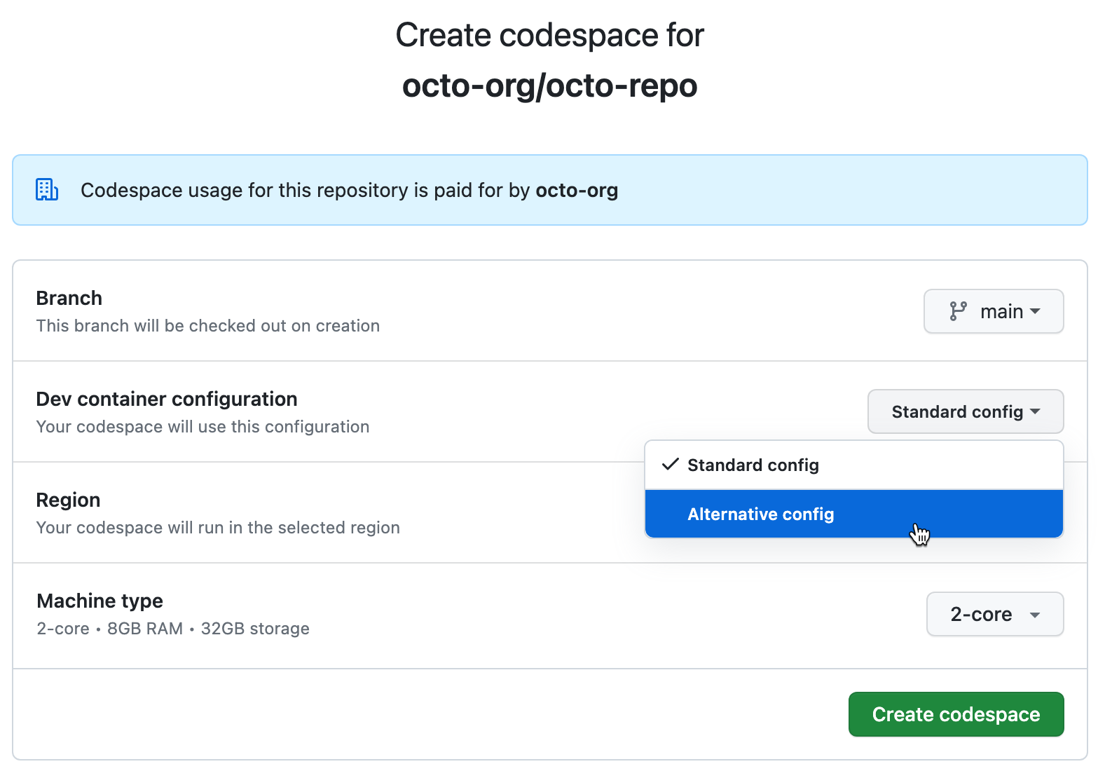 Screenshot of the codespace creation options page, showing a dropdown listing a choice of configuration files.