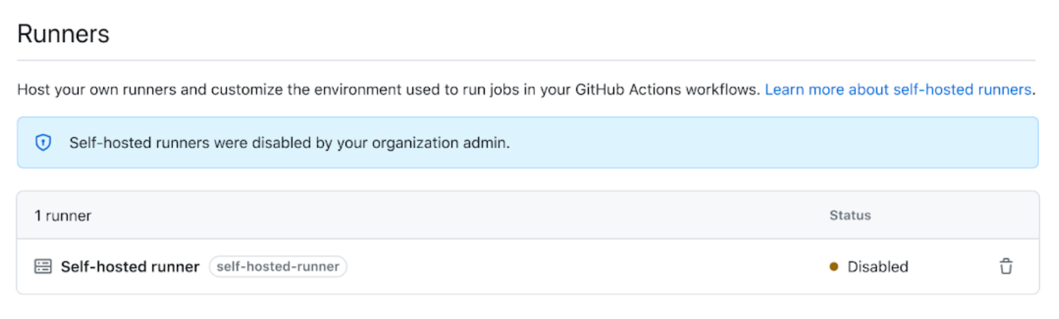 Screenshot of the "Runners" list showing a self-hosted runner with the status "Disabled."