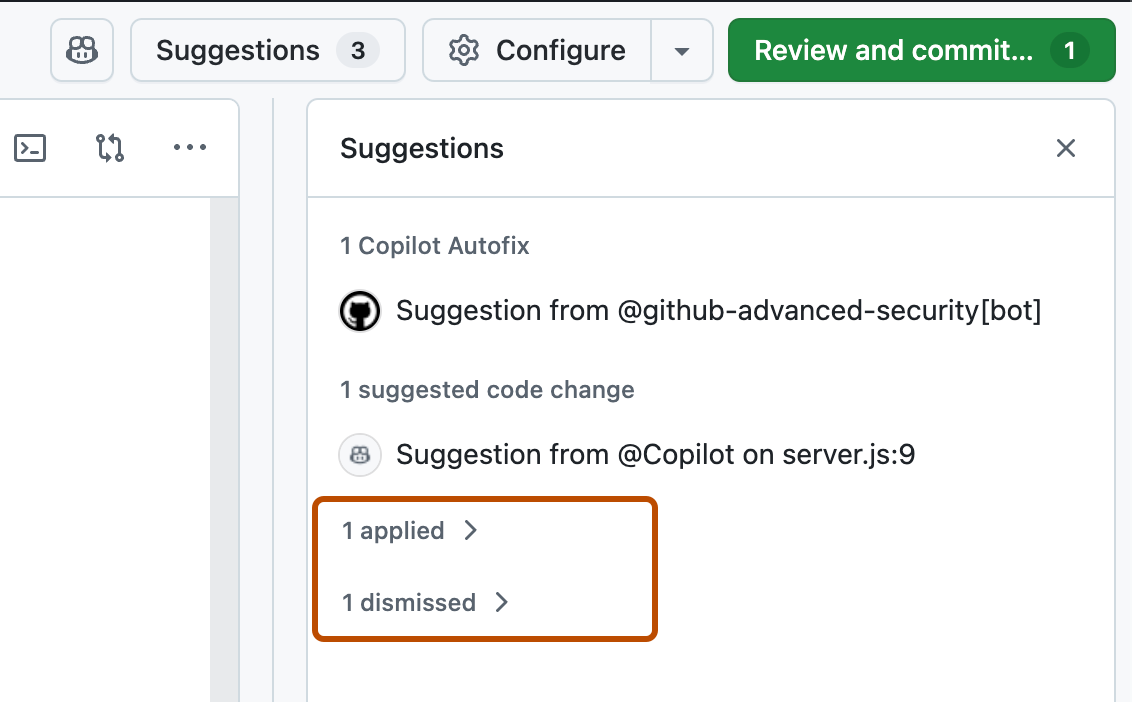 Screenshot a list of comments in the Suggestions panel. Two are awaiting action. Beneath this are dropdown links headed "1 applied" and "1 dismissed."